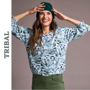 Tribal Mist Blue Abstract Knit Sweater Top Large NWT